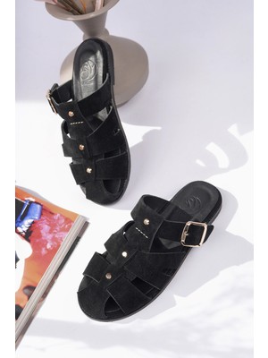 Sy Leather Faye Model Hakiki Deri Çakma Trop Detaylı Tokalı Kadın Terlik
