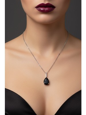 Nkie Jewels Gümüş Renk Sıra Taşlı Siyah Damla Model Sf Zincir Çelik Kolye - 3781