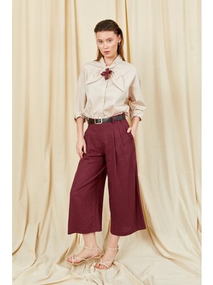 Tena Kadın Bordo Kemer Detaylı Çift Pileli Bemuda Keten Pantolon