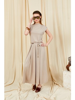 Tena Kadın Vizon 117 Omuz Drapeli Pileli Uzun Etekli Takım