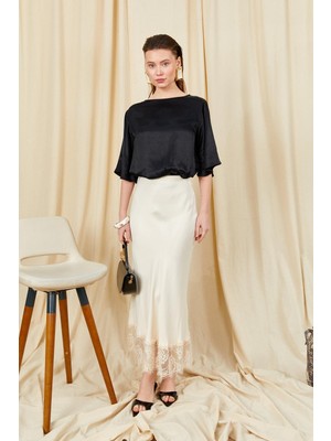 Tena Kadın Ekru 238 Etek Ucu Dantelli Saten Uzun Etek