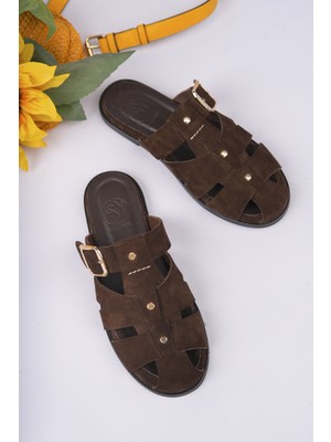 Sy Leather Faye Model Hakiki Deri Çakma Trop Detaylı Tokalı Kadın Terlik