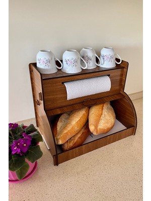 Feyza Design Ahşap Ekmek Kutusu ve Baharatlık, Sürgülü Kapaklı Ekmek Sepeti