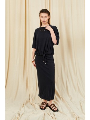 Tena Kadın Siyah 164 Reglan Kollu Etek Ucu Bağlama Bluzlu Etekli Modal Takım