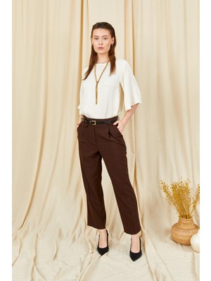 Tena Kadın Koyu Kahve 3523 Cep Görünümlü Çift Fletolu  Kemerli Joger Pantolon