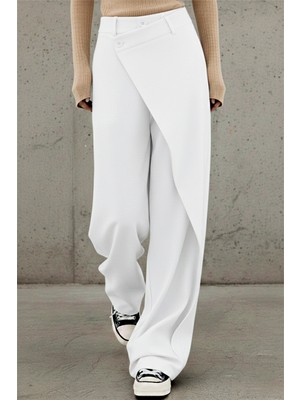 İpek Atlas Kadın Düğme Kapama Asimetrik Tasarımlı Palazzo Pantolon