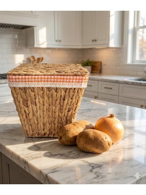 Feyza Design Turuncu Iç Korumalı Hasır Kapaklı Çok Amaçlı Sepet