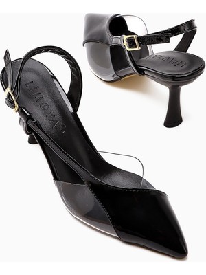 Limoya Aliah Siyah Rugan Sivri Burunlu Şeffaf Detaylı Ince Topuklu Kadın Ayakkabı