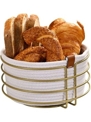 Feyza Design Gold Yuvarlak Ekmek Sepeti, Şık Hasır Makrome Çok Amaçlı Metal Tasarım