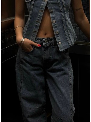 Madame Melek Kadın Yüksek Bel Baggy Bol Paça Kargo Cep Detaylı Jean Pantolon