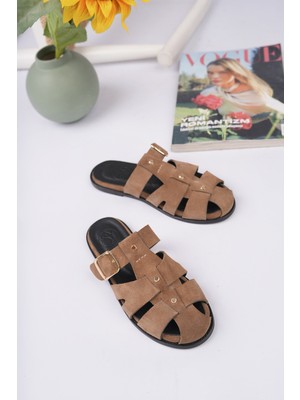 Sy Leather Faye Model Hakiki Deri Çakma Trop Detaylı Tokalı Kadın Terlik