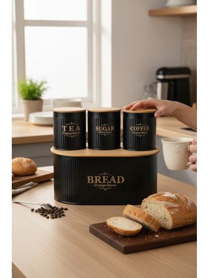 Feyza Design Bambu Kapaklı Metal Ekmeklik ve Kavanoz Seti, Şık ve Fonksiyonel Tasarım