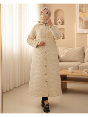 Modamorfo Kapşonlu Zincir Detaylı Düğmeli Kapitone Kap -Bej