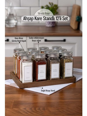 Feyza Design 12'li Cam Baharatlık Takımı Gümüş Kapak ve Ahşap Stand Seti