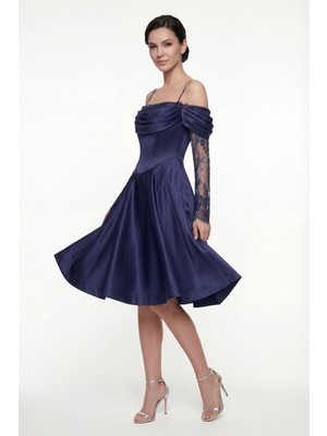 Lafaba Kadın Lacivert Dar Kalıp Dantel Detaylı Midi Söz Nişan Nikah Abiye Elbise