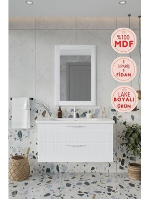 Erguvan Beyaz Gümüş Kulp 100 cm %100 Mdf Lavabolu Banyo Dolabı Ayna
