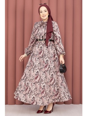 Md Şal Desen Beli Büzgülü Tesettür Elbise Bordo