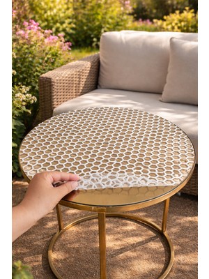 Rona Home Yuvarlak Krem Pvc Şeffaf Petek Dantel Desenli Orta Sehpa Örtüsü – Çeyizlik & Dekoratif