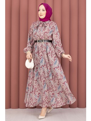 Md Şal Desen Beli Büzgülü Tesettür Elbise Fuşya