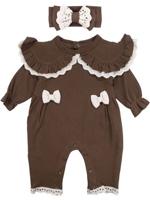 by BebekOdam Kız Bebek Kahve Fisto Yakalı Fiyonklu Bandanalı Tulum - 1016533