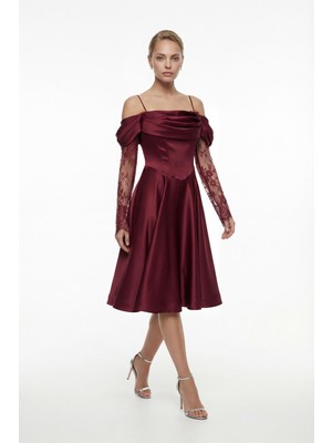 Lafaba Kadın Bordo Dar Kalıp Dantel Detaylı Midi Söz Nişan Nikah Abiye Elbise