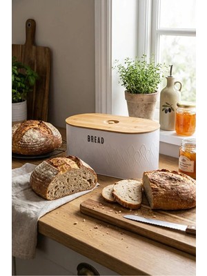 Feyza Design Bambu Kapaklı Metal Ekmek Kutusu ve Kesme Tahtası 34X19X16 cm