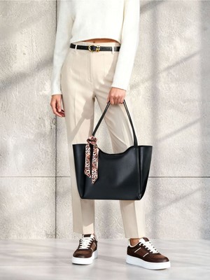 Fularlı Büyük Shopper Kadın Çantası Fermuarlı, Çıtçıt Kapamalı Günlük El ve Omuz Çantası