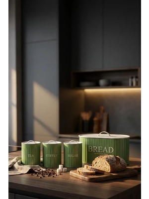 Feyza Design 4'lü Metal Kapak Ekmeklik ve Organizer Seti, Yeşil-Beyaz