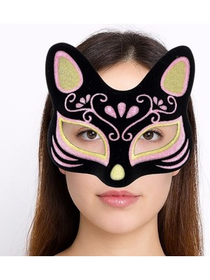 İlk El Grup Ieg™ Siyah Renk Süet Kaplama Üzeri Sarı Pembe Simli Kedi Maskesi 17X14 cm