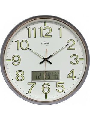 Enarose A576222T-1 (40 Cm) Fosforlu Sessiz Duvar Saati - Takvim ve Sıcaklık Göstergeli
