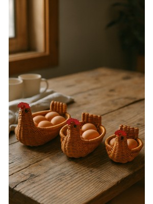 Feyza Design Tavuk Şeklinde 3’lü Sepet Seti – Hasır Yumurtalık, Ekmek ve Saklama