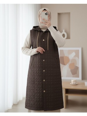 Modamorfo Kapşonlu Zincir Detaylı Cepli Kapitone Yelek -K. Kahve