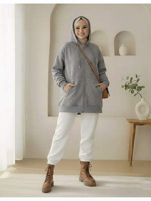 Modamorfo Kapşonlu Cepli Fermuarlı Şardonlu Sweat -Gri