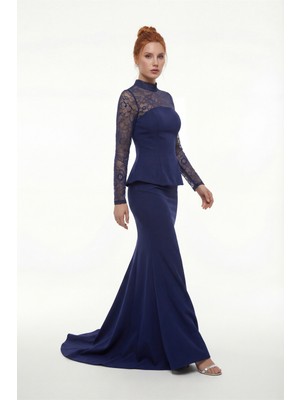 Lafaba Kadın Lacivert Dantel Detay Uzun Balık Abiye Elbise