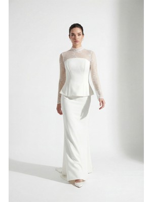 Lafaba Kadın Beyaz Dantel Detay Uzun Balık Abiye Elbise