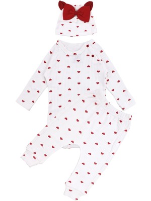 by BebekOdam Kız Bebek Ekru Kırmızı Kalp Desenli Fiyonklu Bereli Zıbın Takım - 1016517