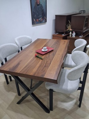 Bengi Ankara Mobilya Masa Kütük 90601 V Ayak Sabit Ahşap Boyalı 4 Adet Sandalye Metal Ayak