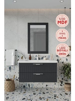 Erguvan Gümüş Kulp Antrasit Demonte 100 cm Lavabolu Banyo Dolabı^ Ayna