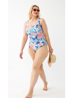 Hkursat Celira Kadın Renkli Tropikal Desenli Büyük Beden Tek Parça Mayo