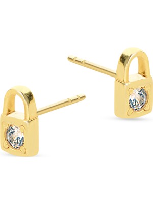 goldkupe 14K Altın Taşlı Kilit Küpe