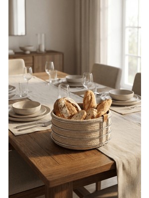 Edora Home Silver Yuvarlak Ekmek Sepeti Şık,ekmeklik Bej Ton Hasır Örmeli Makrome-Çok Amaçlı Metal Paslanmaz