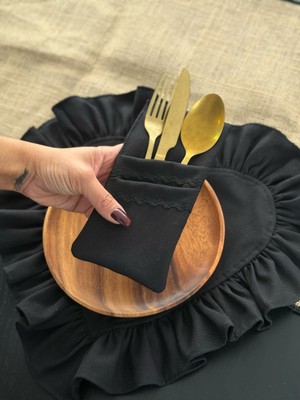 Feyza Design 6'lı Lune Keten Dantel Detaylı 2 Bölmeli Kaşıklık ve Peçetelik Seti
