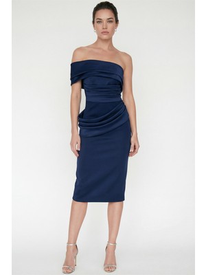 Lafaba Kadın Lacivert Kayık Yaka Pile Detaylı Midi Söz Nişan Nikah Abiye Elbise