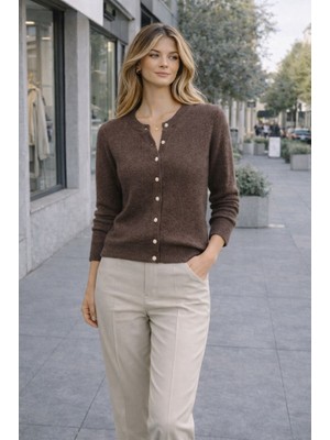 CGA Kadın Kahverengi Hırka Önü Top Düğmeli Bisiklet Yaka Yumoş Hırka