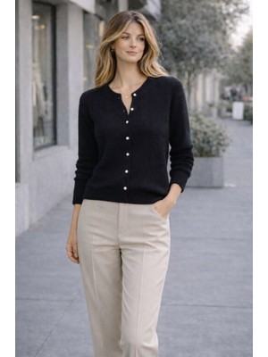 CGA Kadın Siyah Hırka Triko Hırka Önü Top Düğmeli Bisiklet Yaka Yumoş Hırka