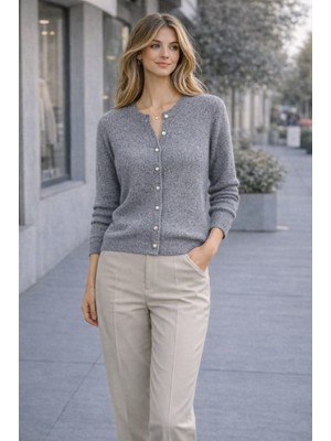 CGA Kadın Gri Hırka Triko Hırka Önü Top Düğmeli Bisiklet Yaka Yumoş Hırka