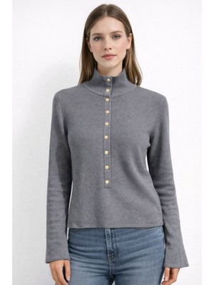 CGA Kadın Gri Triko Kazak  Dik Yakalı Gold Çıtçıt Detaylı Triko Kazak