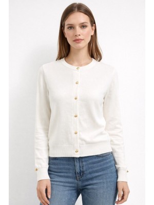 CGA Kadın Triko Düğmeli Beyaz Hırka Bisiklet Yaka Önü Gold Düğmeli Kolları Yırtmaçlı Basic Hırka