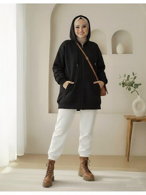 Modamorfo Kapşonlu Cepli Fermuarlı Şardonlu Sweat-Siyah