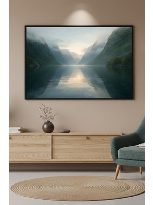 Safir Design Iskandinav Tarzı Puslu Dağlar ve Göl Temalı Çerçeveli Tablo